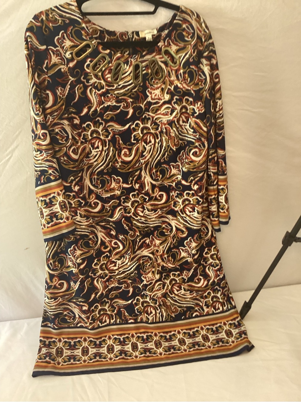 Haani Paisley Print Embellished Long-Sleeve Dress - Navy, Chestnut  & Gold Y2K